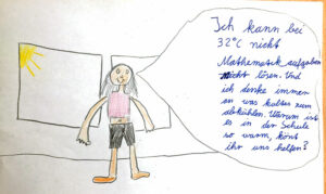 Architektur und Pädagogik: Wir haben die steigenden Temperaturen in den Klassenzimmern nicht nur dokumentiert, sondern auch eine Schreibkonferenz abgehalten, um unsere Anliegen direkt an die Architekten unserer Schule zu richten. Die daraus entstandenen Briefe, die wir hier präsentieren, laden das Architekturbüro ein, gemeinsam Lösungen für eine angenehmere Lernumgebung zu entwickeln.