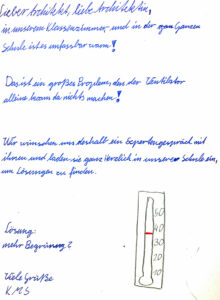 Architektur und Pädagogik: Wir haben die steigenden Temperaturen in den Klassenzimmern nicht nur dokumentiert, sondern auch eine Schreibkonferenz abgehalten, um unsere Anliegen direkt an die Architekten unserer Schule zu richten. Die daraus entstandenen Briefe, die wir hier präsentieren, laden das Architekturbüro ein, gemeinsam Lösungen für eine angenehmere Lernumgebung zu entwickeln.